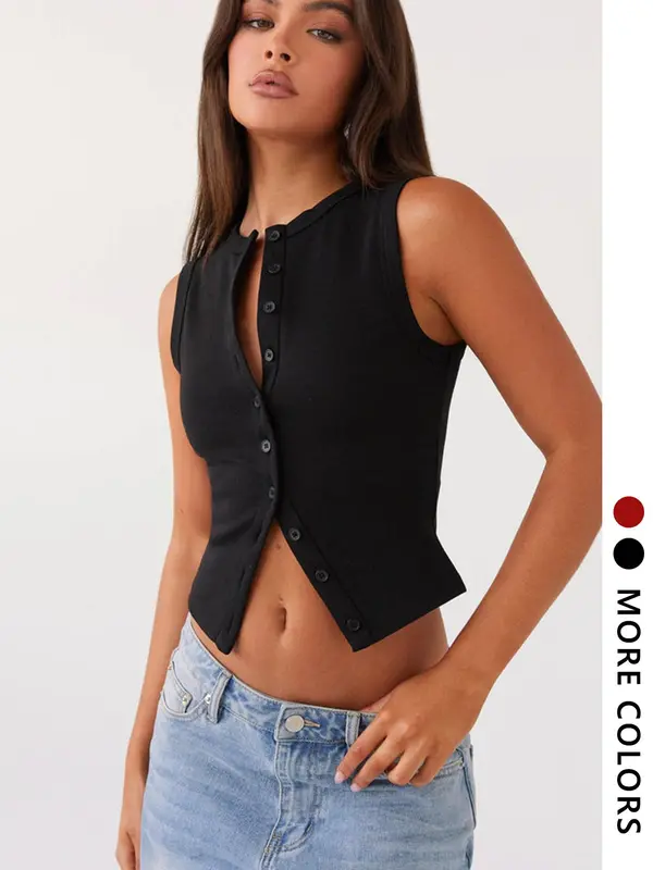 Women's Solid Color Front Buckle Crop Vest, Casual Sleeveless Ribbed Crop Top for Summer Daily Wear, Ladies Clothes for All Seasons 0