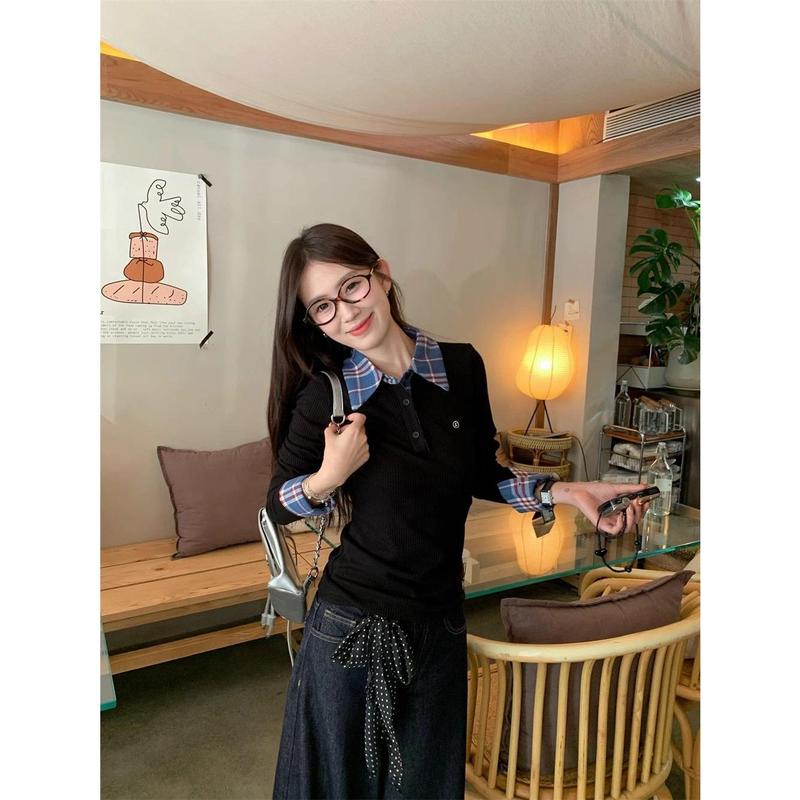 Áo Sơ Mi Lớp Nền Thiết Kế Đẹp Giả Hai Lớp, Họa Tiết Kẻ Sọc, Màu Tương Phản, Áo Len Polo, Áo Áo Chui Đầu Mùa Thu Cho Nữ, Áo Dài Tay, Hàng Mới Về, 2024 1