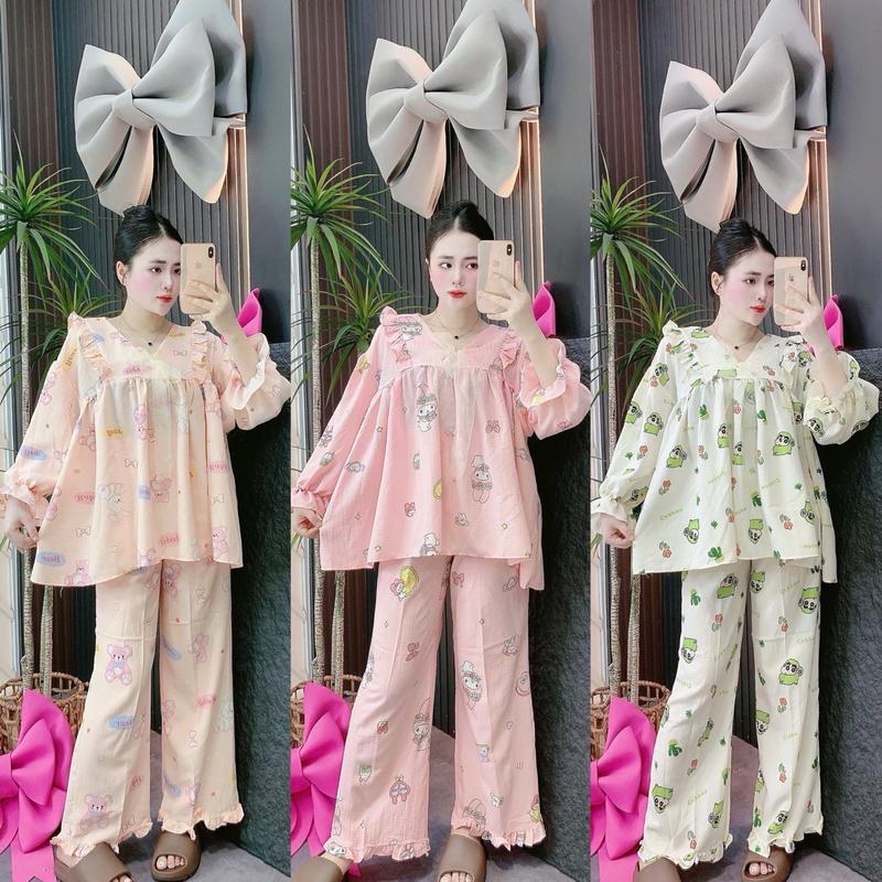 Set Bộ áo quần dài BaByDoll Đũi Xốp In hoạ tiết dễ thương . Nữ