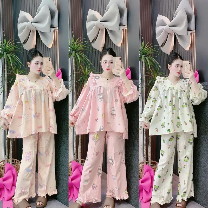 Set Bộ áo quần dài BaByDoll Đũi Xốp In hoạ tiết dễ thương . Nữ 0