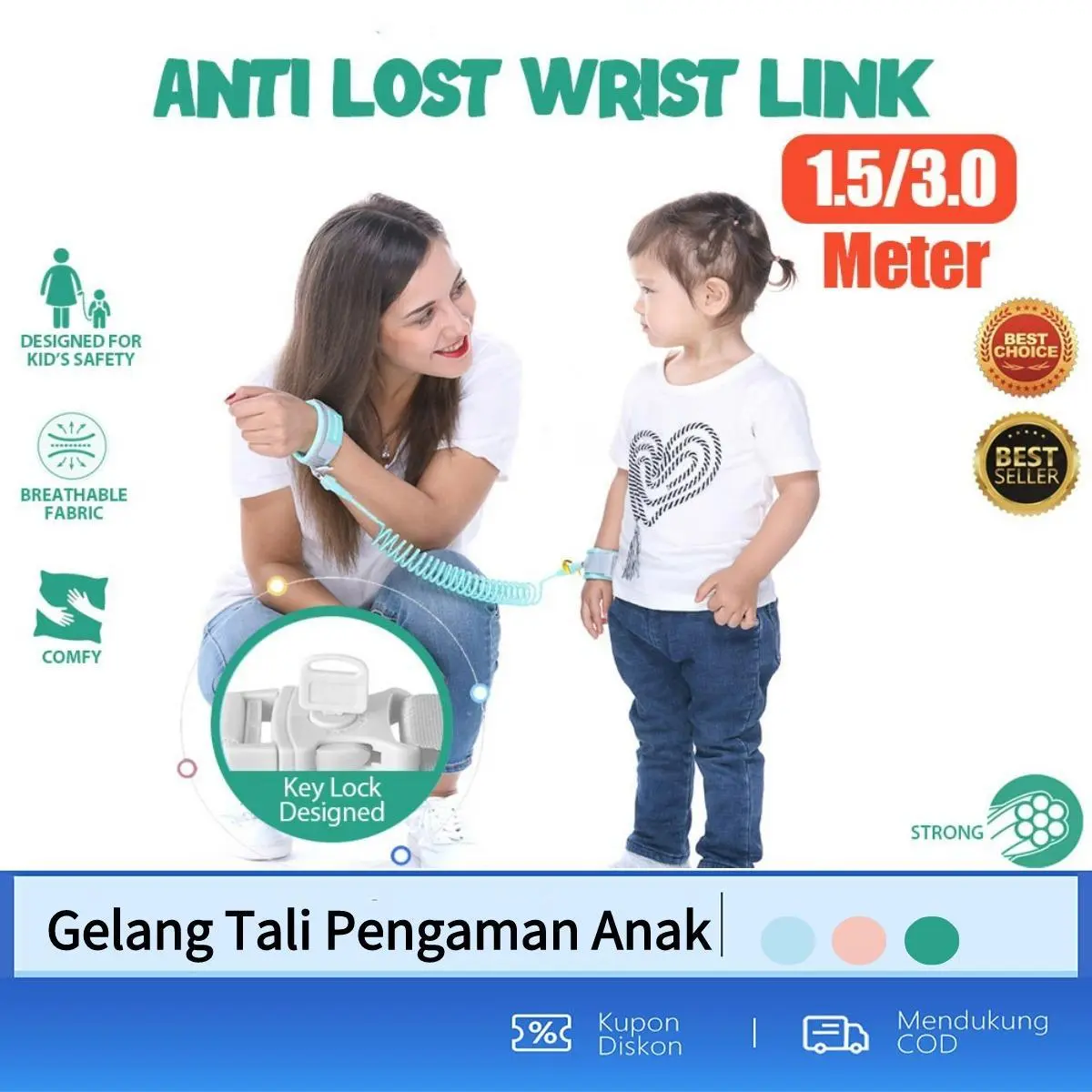 Gelang Tali Pengaman Anak Child Anti Lost Strap 1.5m 2.5m Anti Hilang tali Tali Pengaman Gandeng Anak Bayi Child Safety  LIVE Biru Bunda
