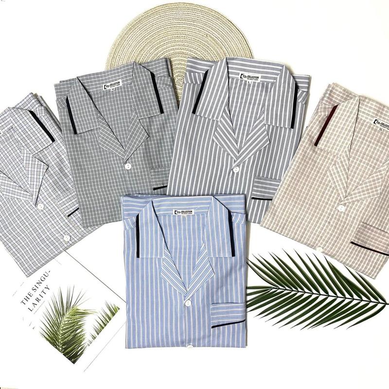  Bộ pijama bộ ngủ nam trung niên  ông già kẻ kate dài tay 