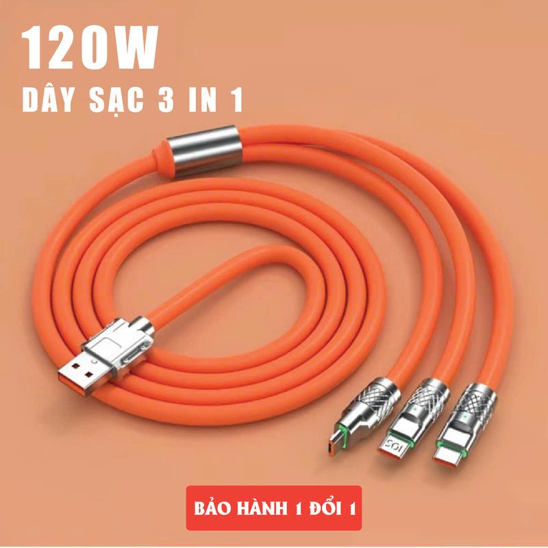 Cáp Sạc Nhanh 3 Đầu 120W Dài 1.2m, Cáp sạc hợp kim kẽm, có đèn LED, siêu bền.Dây sạc 3 in 1, Cáp sạc điện thoại, Dây Sạc 3 Trong 1.