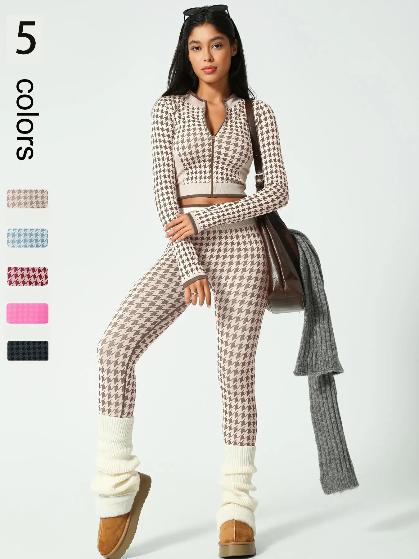 Women's Houndstooth Print Zip Up Crop Jacket & High Waist Leggings Tracksuit Set, Sporty Breathable Comfy Outfits for Yoga Gym Workout Running, Women Fitness Tracksuits for Fall & Winter, Gym Sets for Women