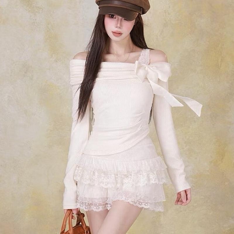 Set Áo Váy Bigsize VÀ CÓ LẺ ÁO VÁY Áo Trễ Vai Dài Tay Đính Nơ Điệu Đà Phối Chân Váy 2 Tầng Xoè Dễ Thương Cho Nữ Chuppy 60-95Kg Women A276 CV409