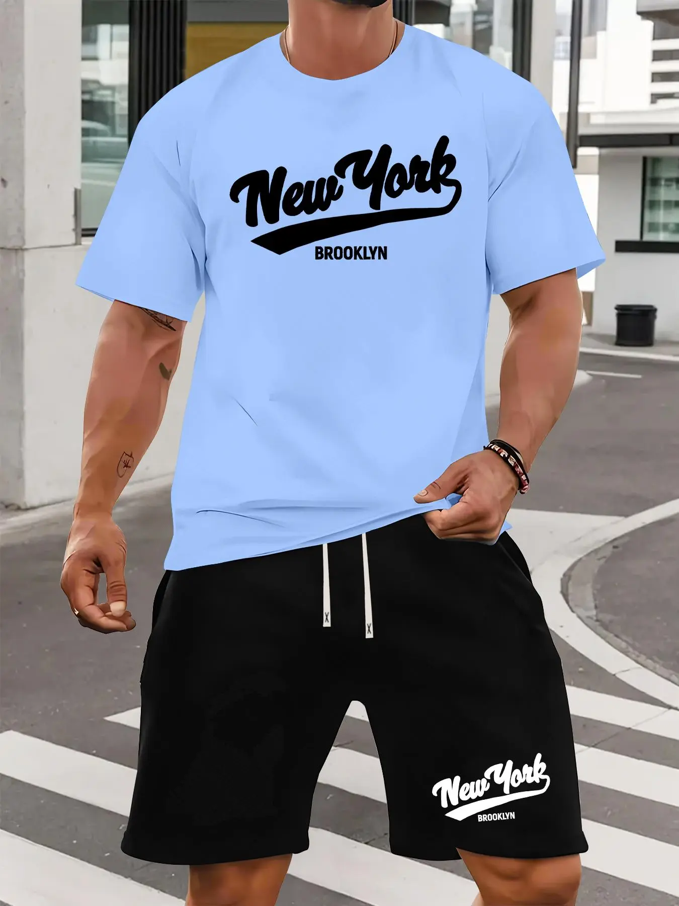Men's Letter Print Short Sleeve Tee & Shorts Set, Regular Fit Casual Round Neck T-shirt & Track Shorts, Summer Clothes Set for Men, Clothing