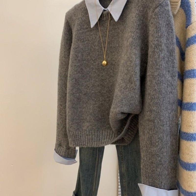 Áo Len Cổ Polo Giả Hai Lớp, Khâu Thời Trang Cổ Điển Dành Cho Nữ, Thích Hợp Cho Mùa Thu Và Mùa Đông, Phong Cách Lười Biếng, Mềm Mại Và Nếp, Dáng Rộng Vừa Vặn, Bó Sát, Thời Trang
