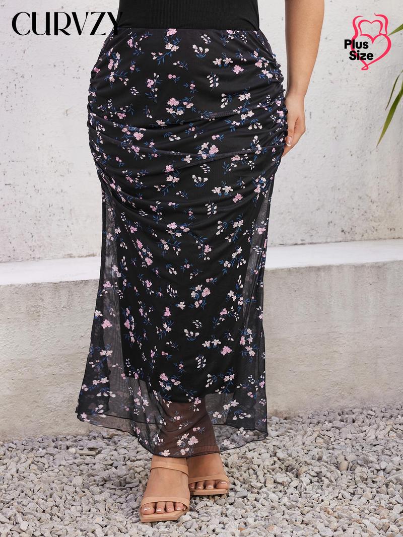 Product Introduction of CURVZY Plus Size Autumn Aesthetic Floral Print Ruched Mesh Skirt, Boho Fashion Long Skirt For Daily Holiday Vacation Wear, Women Plus Clothing For Summer & Autumn 14