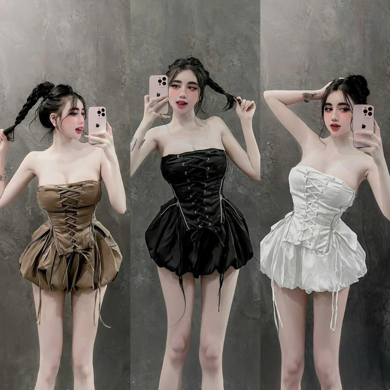 Sét kaki áo có mút ngực đan dây đóng mắc cáo phối khóa kéo 2 bên, quần bí kaki 2 lớp phồng xòe lưng thun có lót quần Top Nữ Women set đầm