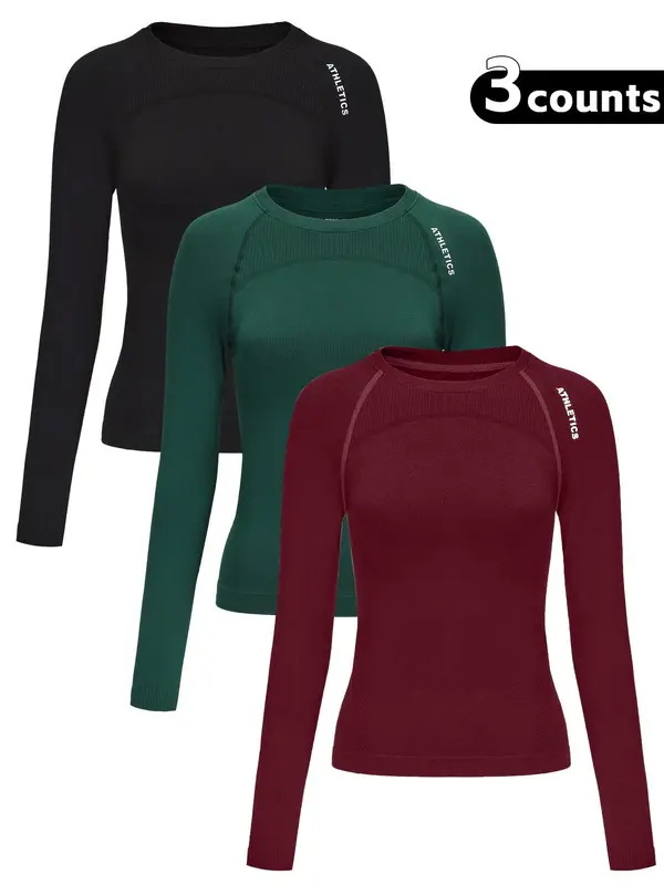 Women's Letter Print Baselayer Top, Long Sleeve Round Neck Compression Top for Yoga Gym Workout, Going Out Tops, Ladies Sportswear for Fall & Winter, Gym Wear, Workout Clothes Women, Athletic Style Activewear 5