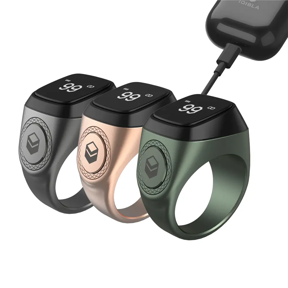 Iqibla Aluminum Alloy Digital Tasbih OLED Screen Smart Zikr Ring with Battery Charging Box Vibration Reminder APP Support