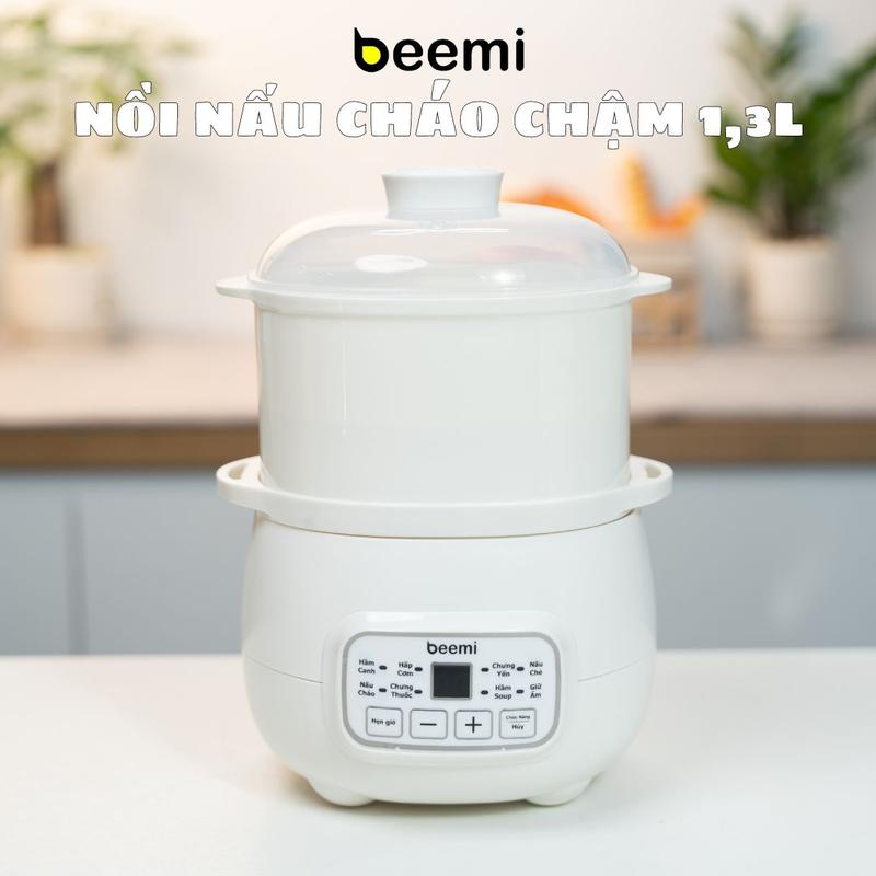 Nồi nấu cháo chậm Beemi, nồi điện dung tích 1,3L 8 chức năng nấu cháo, hầm canh, chưng thuốc, hấp cơm, chưng yến, hầm soup, nấu chè giữ ấm, bản tiếng việt, vỏ ngoài nhựa PP an toàn