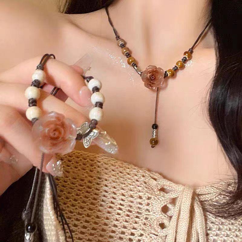 Chinese Ceramic Rose Necklace - Adjustable Long Chain Neo-Traditional Braided Collarbone Necklaces for Romantic Style 3