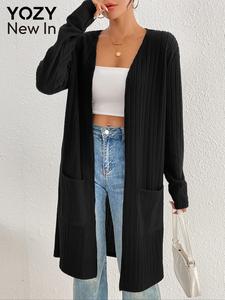 YOZY Women's Solid Ribbed Pocket Cardigan Coat, Casual Open Front Long Sleeve Outerwear for Daily Wear, Ladies Clothes for All Seasons