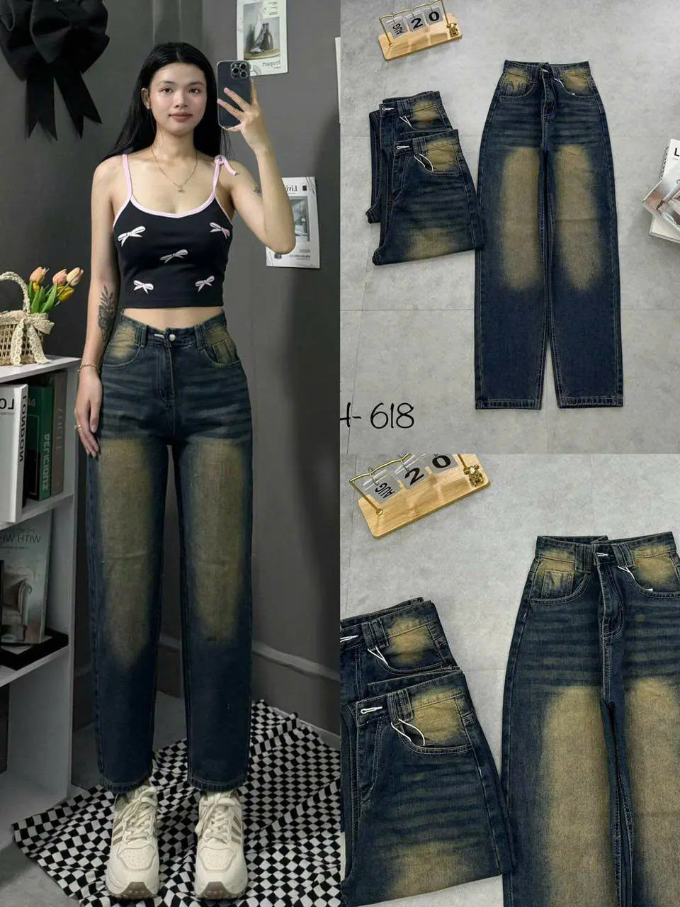 Quần jean Baggy trơn phủ dơ 618 cạp cao cá tính phong cách trẻ trung hiện đại Nữ Women Pants Kem