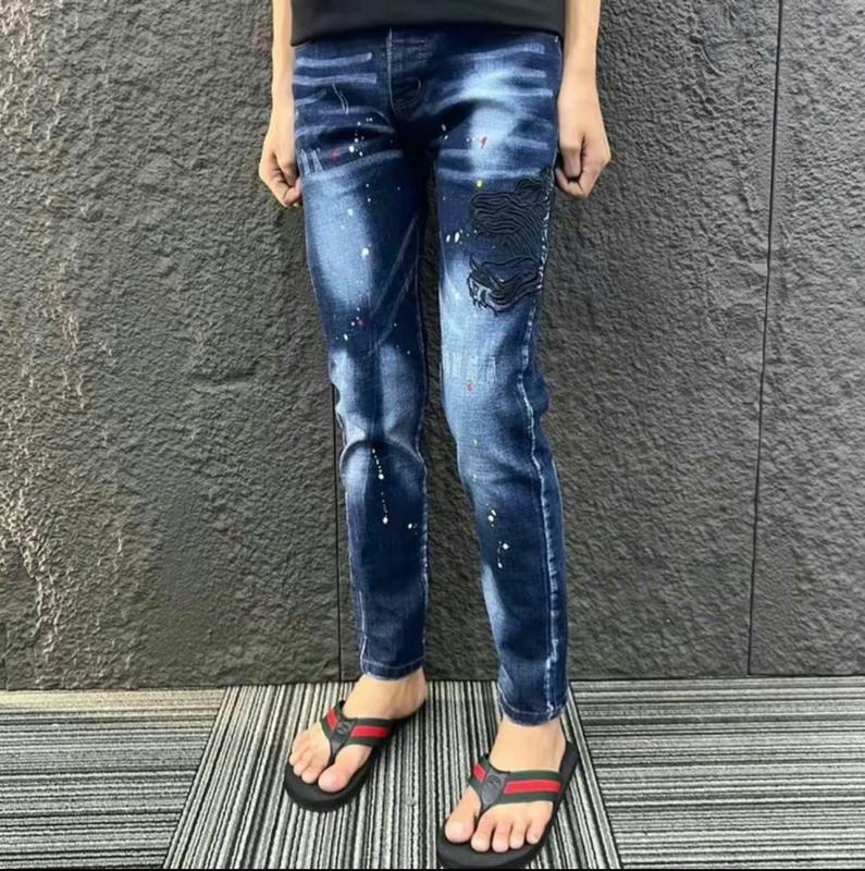 Quần jeans nam xanh boy phố phối tag thêu mặt hổ chất co giãn form ôm cao cấp-BUNZ STORE Menswear Pants Có Túi