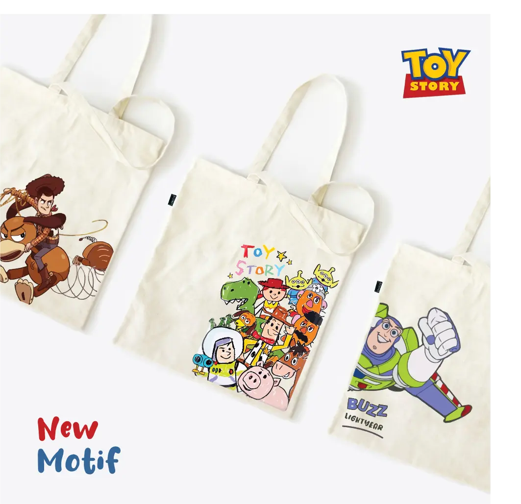Totebag TOY STORY Woody Jessy Buzz | tas kuliah tas sekolah kado  | resleting perekat #tots