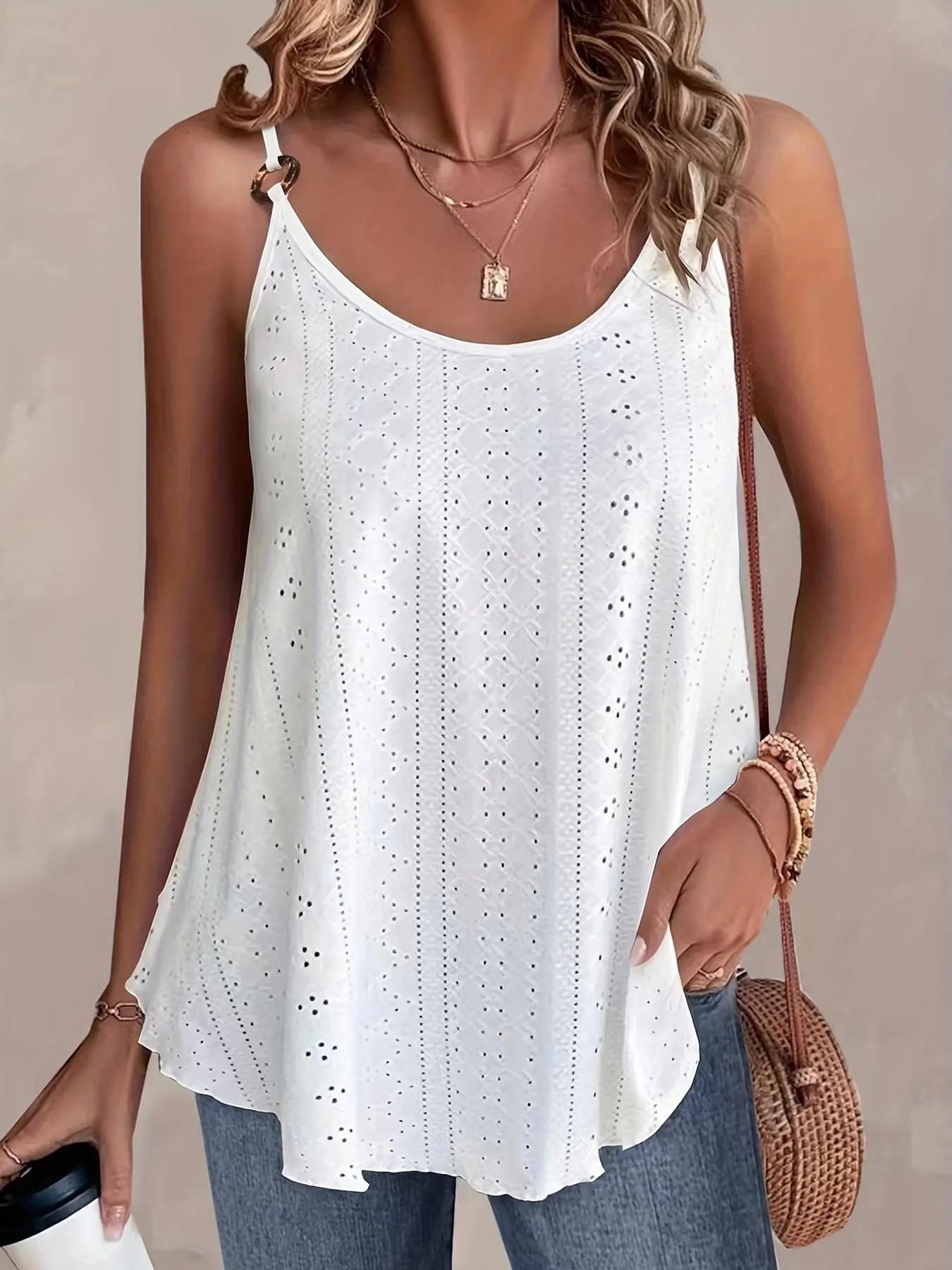 【Plus Size】Eyelet Embroidery Ring Linked Strap Cami Top, Boho Classy Spaghetti Strap Top for Daily Holiday Vacation Wear, Summer Clothes Women, Women Clothing