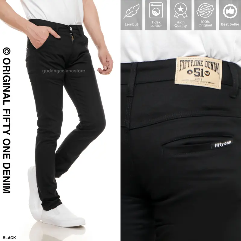 FIFTY ONE DENIM - Celana Chino Pria Panjang Slim Fit Katun Twill Stretch Melar Hitam Pekat Premium New Original Distro Fifty One Denim Nyaman Tebal Melar Santai Black Ukuran 28-34 0