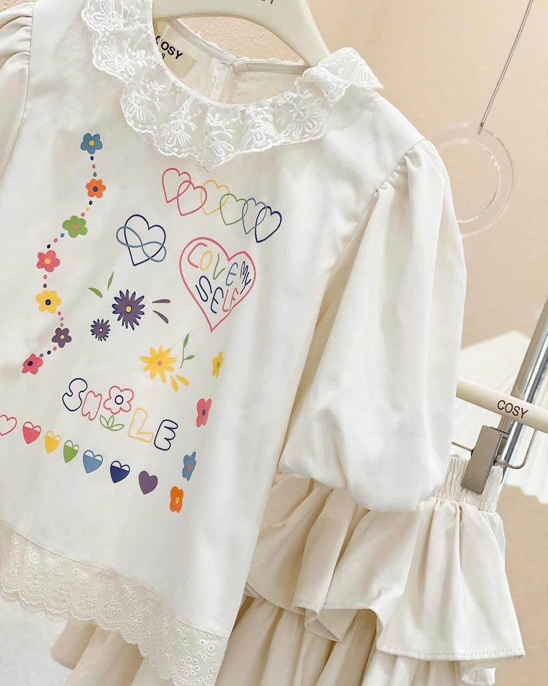 Product Introduction of Set áo linen cổ viền ren tay bồng in hoạ tiết cute phối chân váy xoè tầng cạp chun màu be mùa hè (loại 1) 19