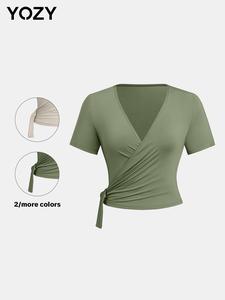 YOZY Women's Plain Ruched Wrap V Neck Tee, Casual Short Sleeve T-Shirt for Daily Wear, Ladies Clothes for All Seasons