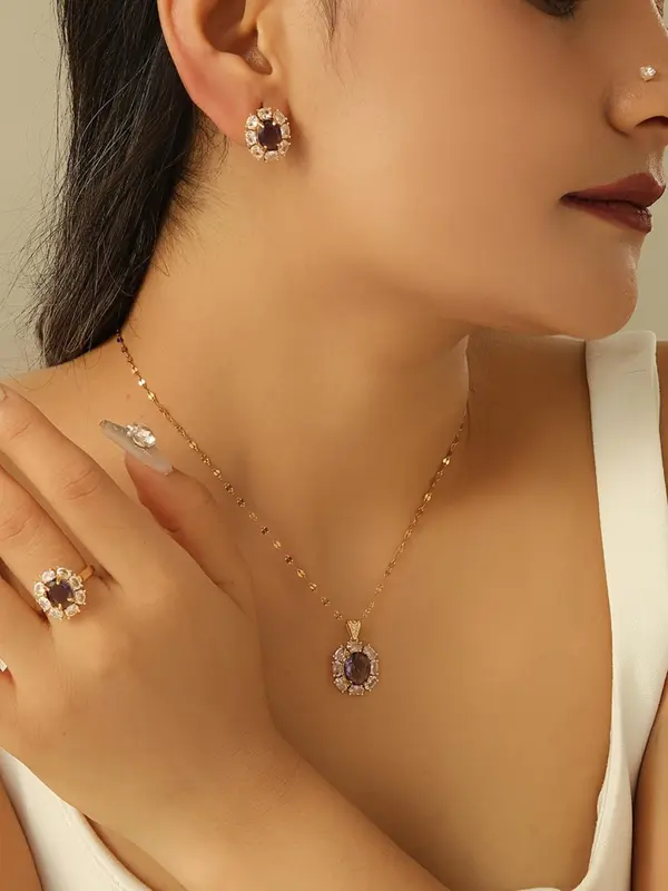 Women's Elegant Crystal Stone Decorated Jewelry Set, Vintage Style Pendant Necklace & Dangle Earrings & Ring & Bracelet, Fashion Jewelry for Party, Daily Decor 6