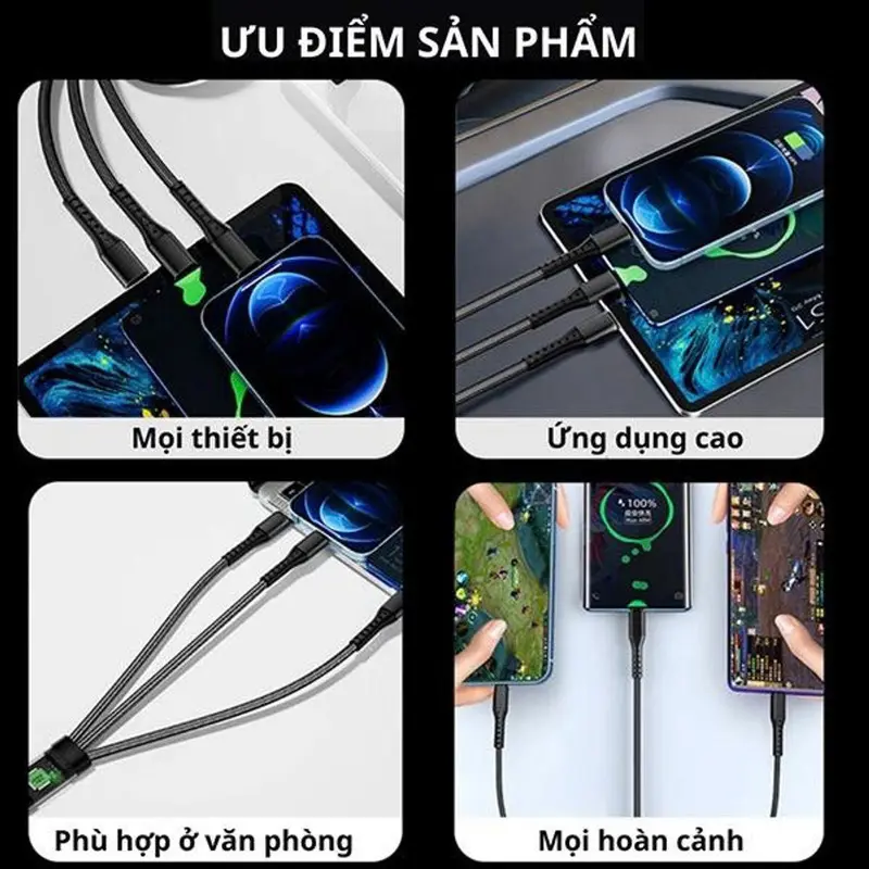 Cáp sạc nhanh 3 đầu bọc dù bền đẹp cho điện thoại - Phụ Kiện Sạc Điện Thoại 3