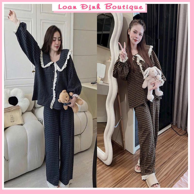 Bộ Nữ Kẻ Caro Viền Ren, Cổ Thuyền Quần Ống Suông,  Kẻ Xanh Kẻ Đỏ Kẻ Nâu Loan Định Boutique LD101 Áo Ong Top Women Loang