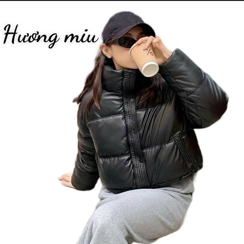 ( MẪU DA MỚI 2024 SHOP HƯƠNG MIU) áo phao da dáng ngắn mặc lên fom sang chảnh Có Túi Jacket Women Nữ ( BẢO HÀNH DA) Top Đen