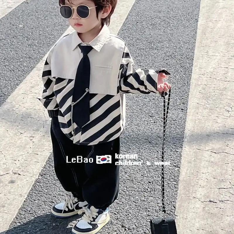 Bộ Đồ Bé Trai, Áo Sơ Mi Sọc Đen Trắng Đẹp Trai, Quần Hai Mảnh Tuyệt Vời Cho Trẻ Em, Thời Trang, Hàng Mới Về Mùa Xuân 2025