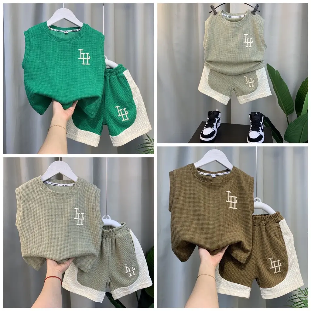 Sét đồ sát nách bé trai mùa hè,chất thun tổ ong thoáng mát,thấm hút mồ hôi 3 màu đủ size cho bé