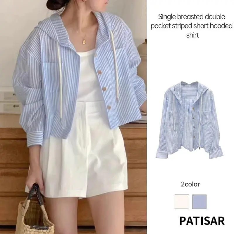 KIWI Kemeja Hoodie Wanita Salur Lengan Panjang 0