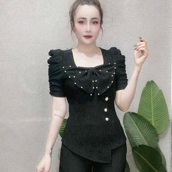 Set bộ quần dài ống ôm phối nơ ở trước áo tay phồng vải thun xốp  Women 2