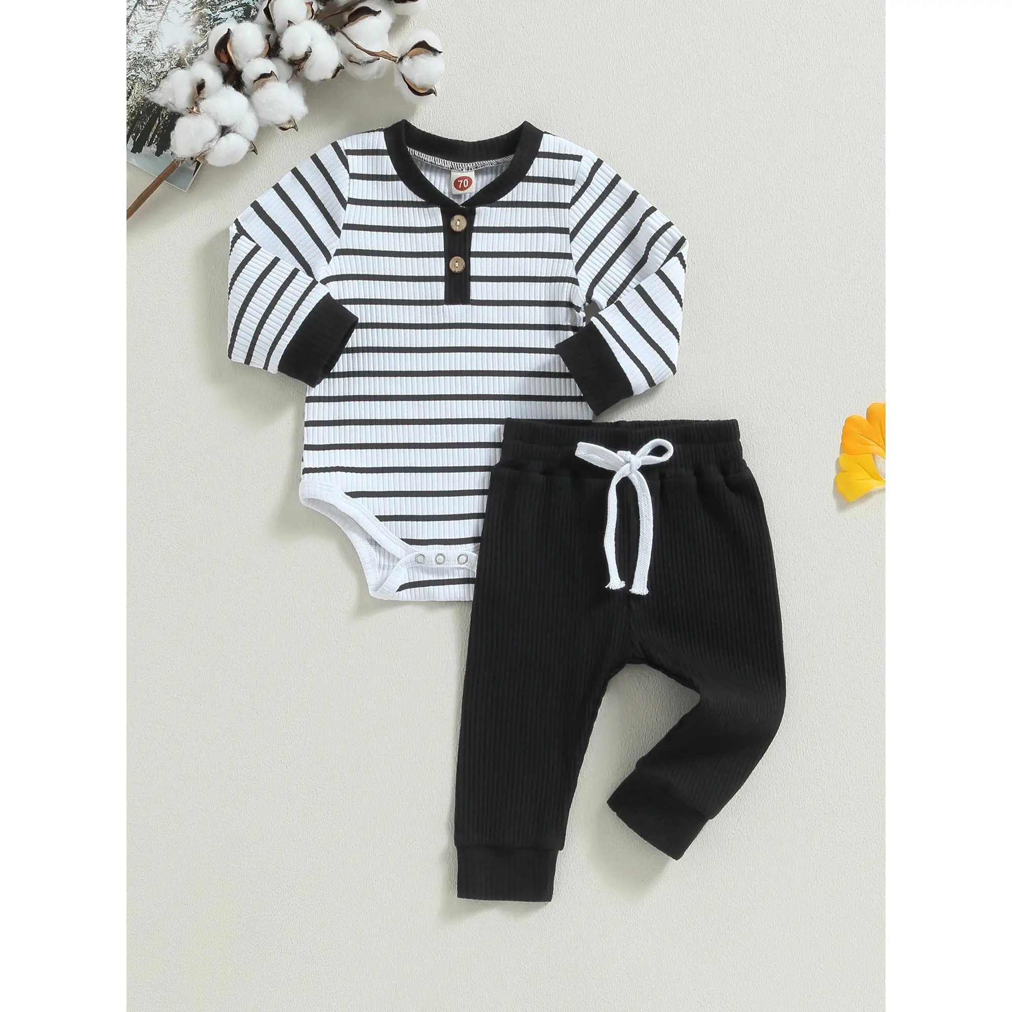 Baby Boy 2Pcs Fall Outfits Long Sleeve Striped Print Romper + Pants Set Infant Warm Clothes