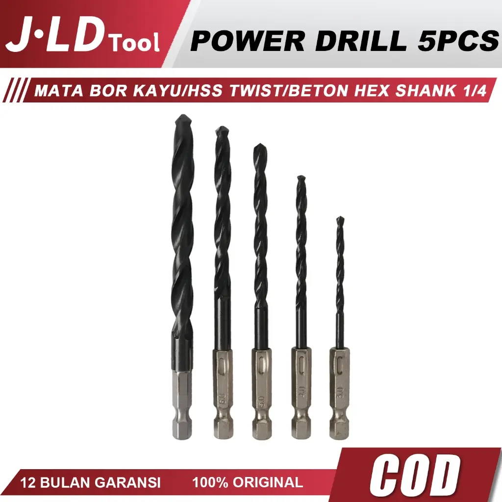 JLD Mata Bor Power Drill Bit Hex 1/4 Shank 5PCS untuk Logam Besi dan Baja HSS Beton Kayu