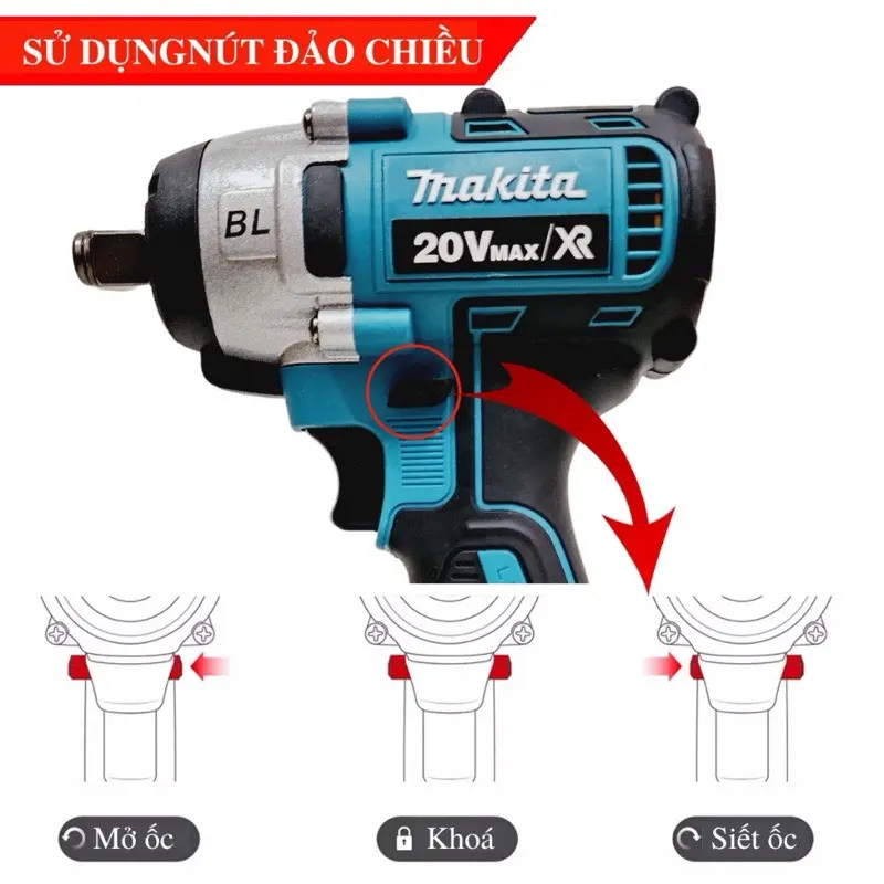 Máy Siết Bulong Makita kèm phụ kiện, máy bắn bulong, mở ốc, bắt vít, khoan, Pin 20v 10 Cell, Đầu 2 trong 1, Động cơ không chổi than 6