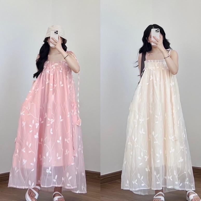 LOẠI 1 || ĐẦM 2S MAXI TƠ 2 LỚP THÊU HOẠ TIẾT PHỐI DÂY CHUÔNG VÁY SUÔNG DÀI FREESIZE ĐI BIỂN FORM RỘNG