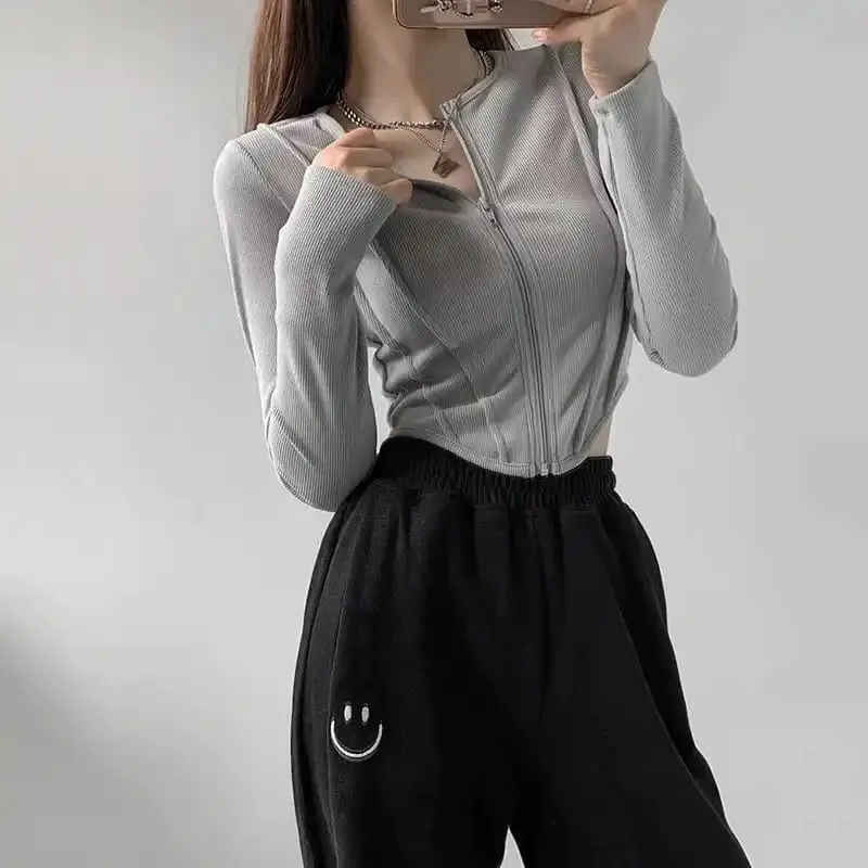 SAPAPA - Sweater Atasan Wanita Coluna Zipper Crop Top Outer Knitwear Baju Panjang