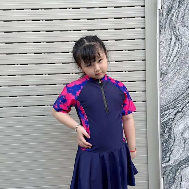 ( Có size Lớn )Đồ Bơi Bé gái  Váy Liền .Chống nắng co giản nhiều size .Ngắn Tay pha Tím Mẫu hót2025 6
