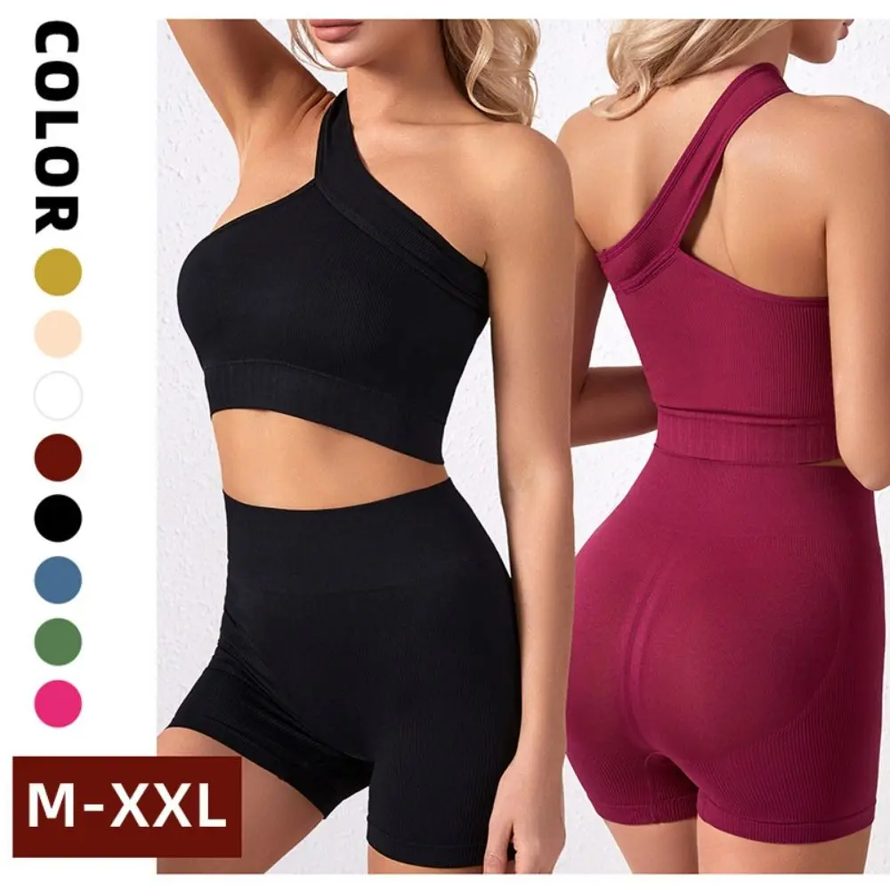 2Pcs Casual Seamless Women Workout Sets High Waist One Shoulder Yoga Outfits Tank Tops Ribbed Sports Bra Exercise