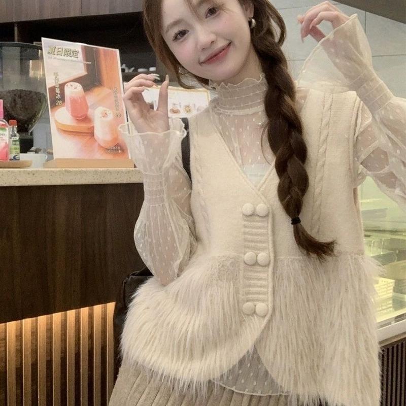 Áo Gile Len Phối Lông Cổ V Khuy Bọc Tiểu thư Nữ Màu Trắng Be Dệt Kim Áo Khoác Thu Đông Phong cách Dịu Dàng Sát nách Ba lỗ - Top Nữ - Women áolen quang