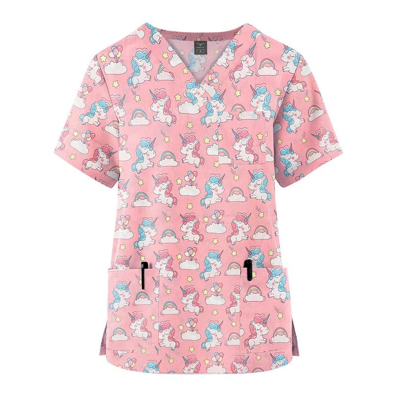 Product Introduction of Newest Fashion Unisex Nurse Doctor Uniform Workwear Scrub Top Cotton V-Neck Short Sleeves Pocket Printed T-Shirt (Size:S-XXL) 25