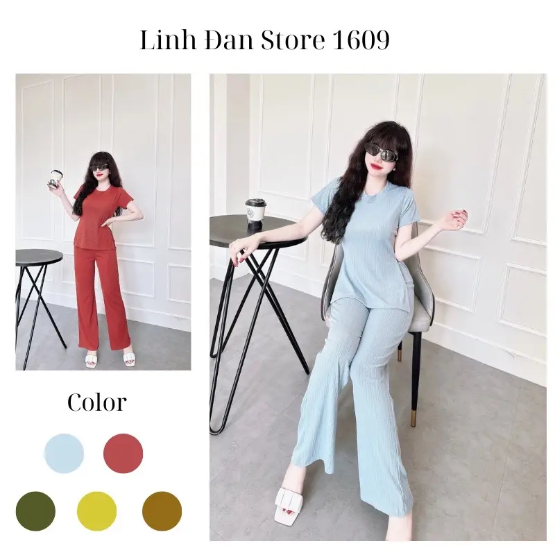 Set Thun Gân Xẻ Tà Tôn Dáng Quần Ống Suông Rộng Cho Các Nàng Mặc Nhà Xinh, Chất Vãi Thoáng Nhẹ Thoải Mái Cho Người Mặc - Linh Đan Store 1609 0