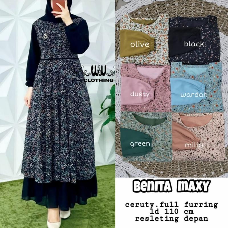 Product Introduction of Benita Maxy Dress Busui Resleting Depan Gamis Ceruty Full Furing  Gamis Kondangan Penikahan Motif Bunga Mewah Elegan Best Seller 17