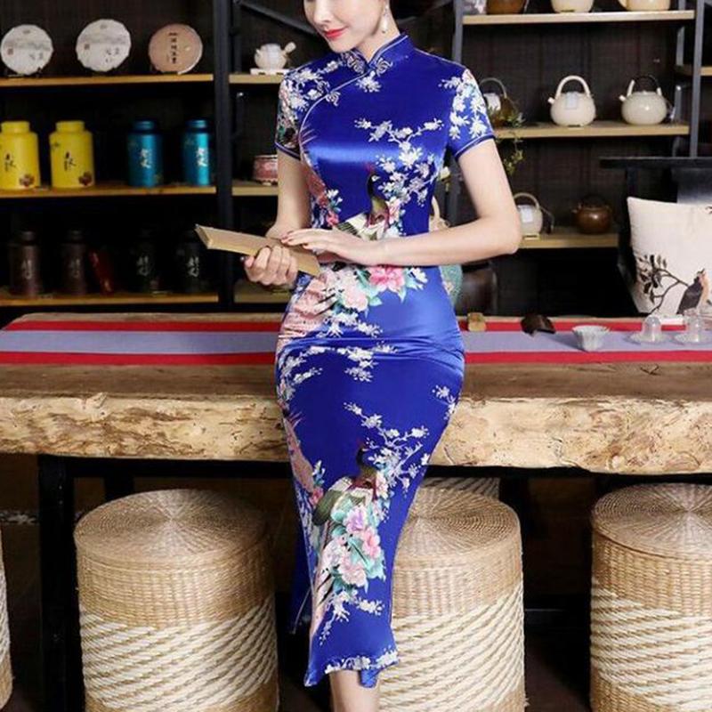 Euyuxan-Váy Phong Cách Quốc Gia Trung Quốc Cho Nữ, In Hoa, Cổ Đứng, Tay Áo Ngắn, Xẻ Tà Bên Cao, Nút Thắt Nút Trung Quốc, Sườn Xám, Satin, Mượt Mà, Vừa Vặn, Mùa Hè, Mùa Xuân, Qipao 3