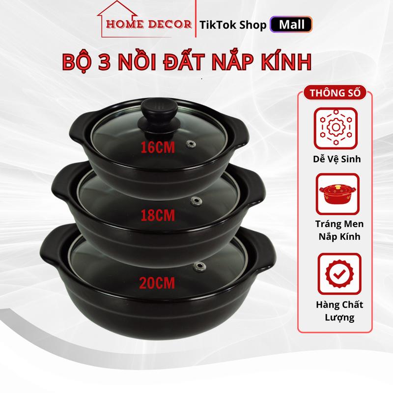 Bộ 3 Nồi Đất Kho cá, Nồi Cơm Niêu, Nấu Mì Cay, Hầm Thịt Tráng Men Chống Dính Nắp Kính Nhiều Size Tiện Ích