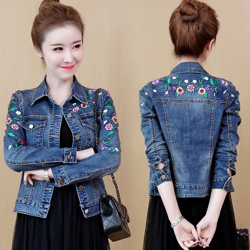 Áo Khoác Denim Thêu, Dành Cho Nữ, Ngắn, Phong Cách Hàn Quốc, Dễ Phối Đồ, Dài Tay, Thích Hợp Cho Mùa Thu, Hàng Mới Về, Thích Hợp Cho Học Sinh, Bó Sát, Áo Khoác Ngắn