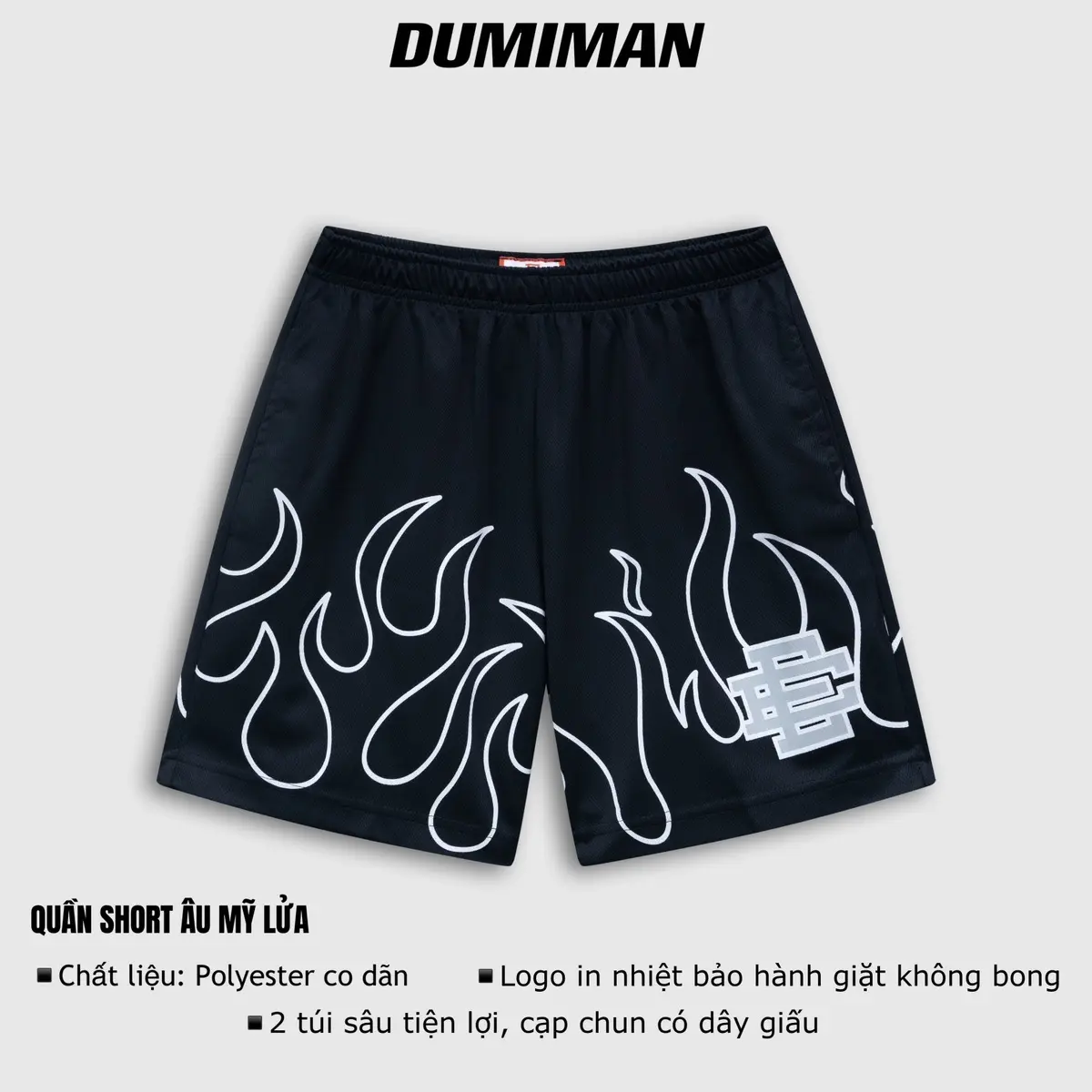 Quần short nam âu mỹ được in lửa rực cháy kéo sợi trên vải vả chất liệu polyester co dãn 2 chiều ngang chất vải mỏng đủ size 45-105kg của nhà DUMIMAN Menswear đề xuất kích thước m 4 ”palm gate dog white Pants