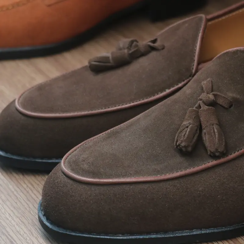 tassel suede Loafer shoes nâu coffee Mũi tròn  đế Cao Su pháp khâu cấu trúc Mckay GiàY 2
