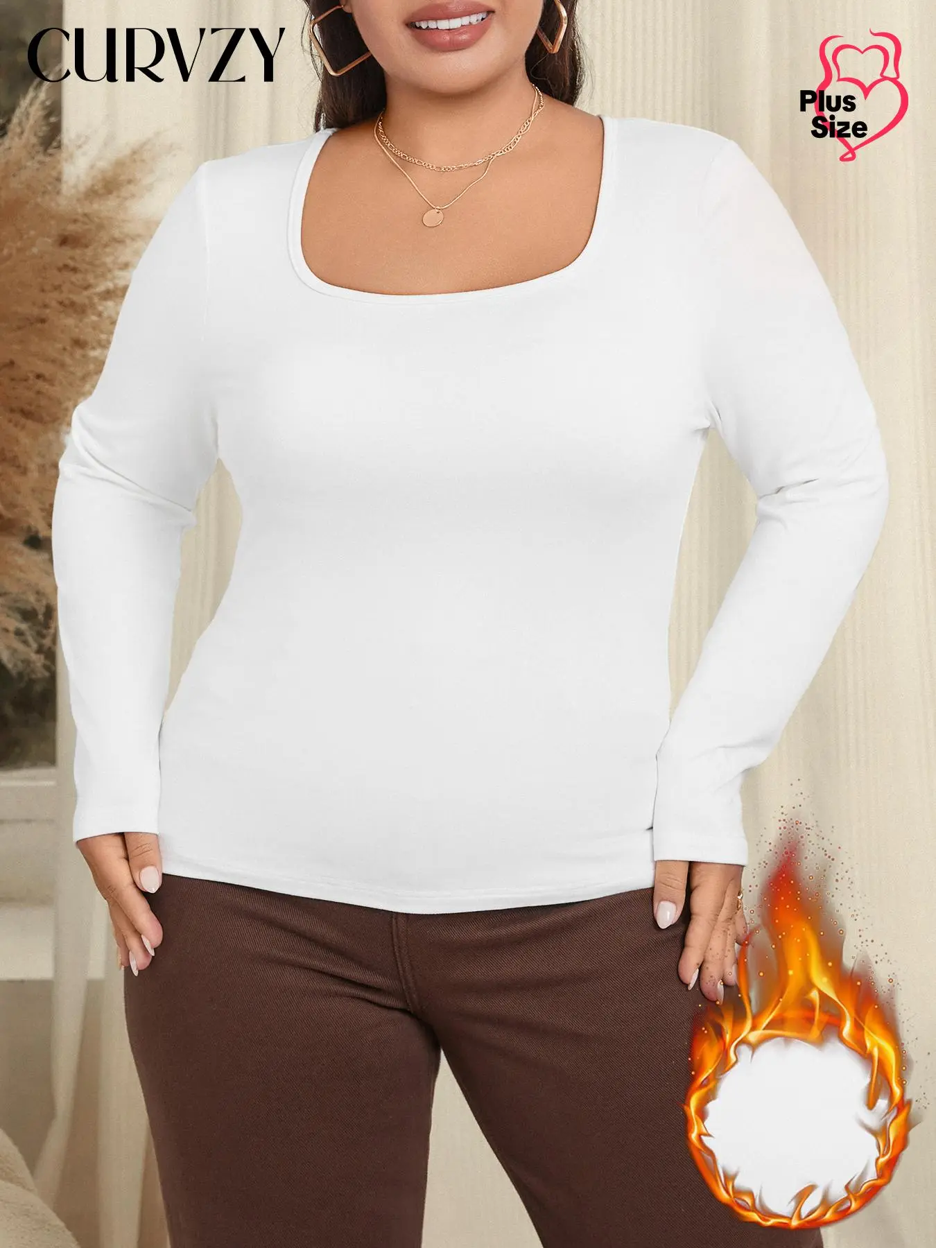 CURVZY Plus Size Solid Scoop Neck Long Sleeve Tee, Casual Basic Warm T-shirt for Fall & Winter, Women's Clothing for Daily Wear